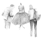A drawing of people looking at a dress